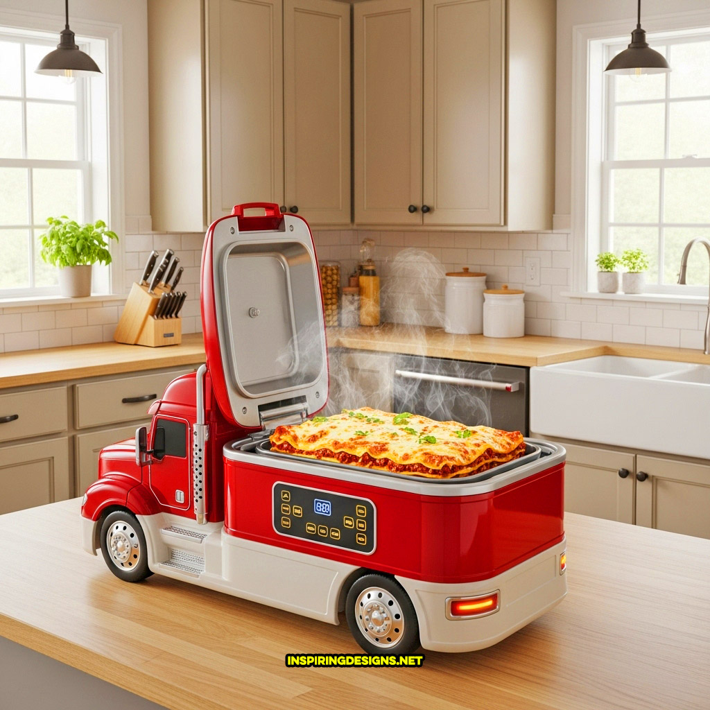 semi-truck slow cooker in a red and cream color