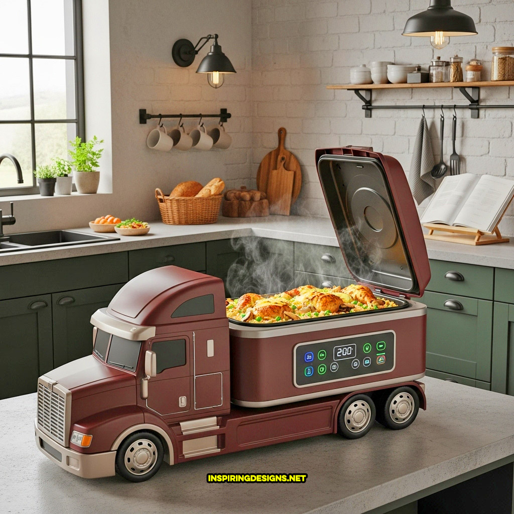 semi-truck slow cooker in a dark maroon color