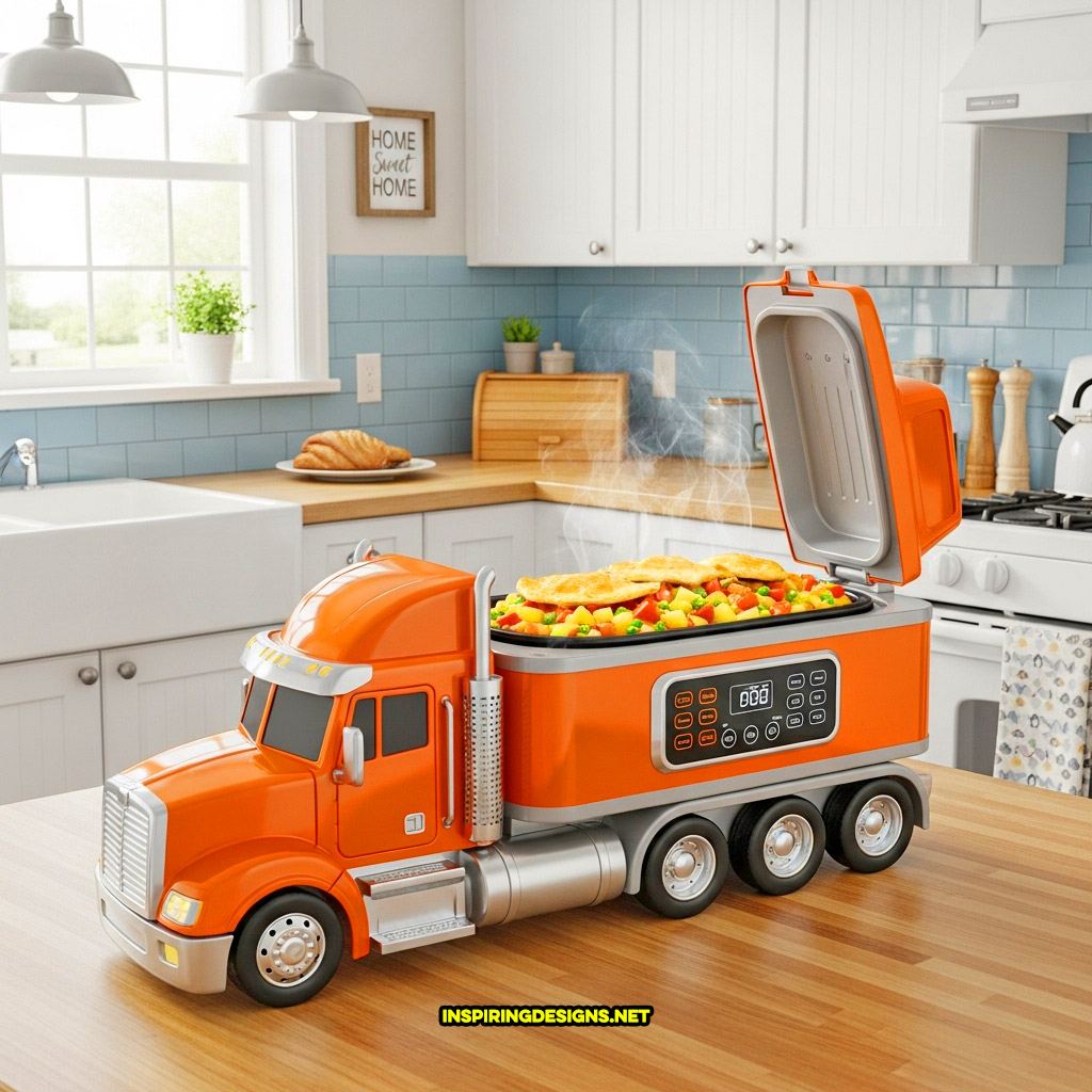 semi-truck slow cooker in an orange and silver color
