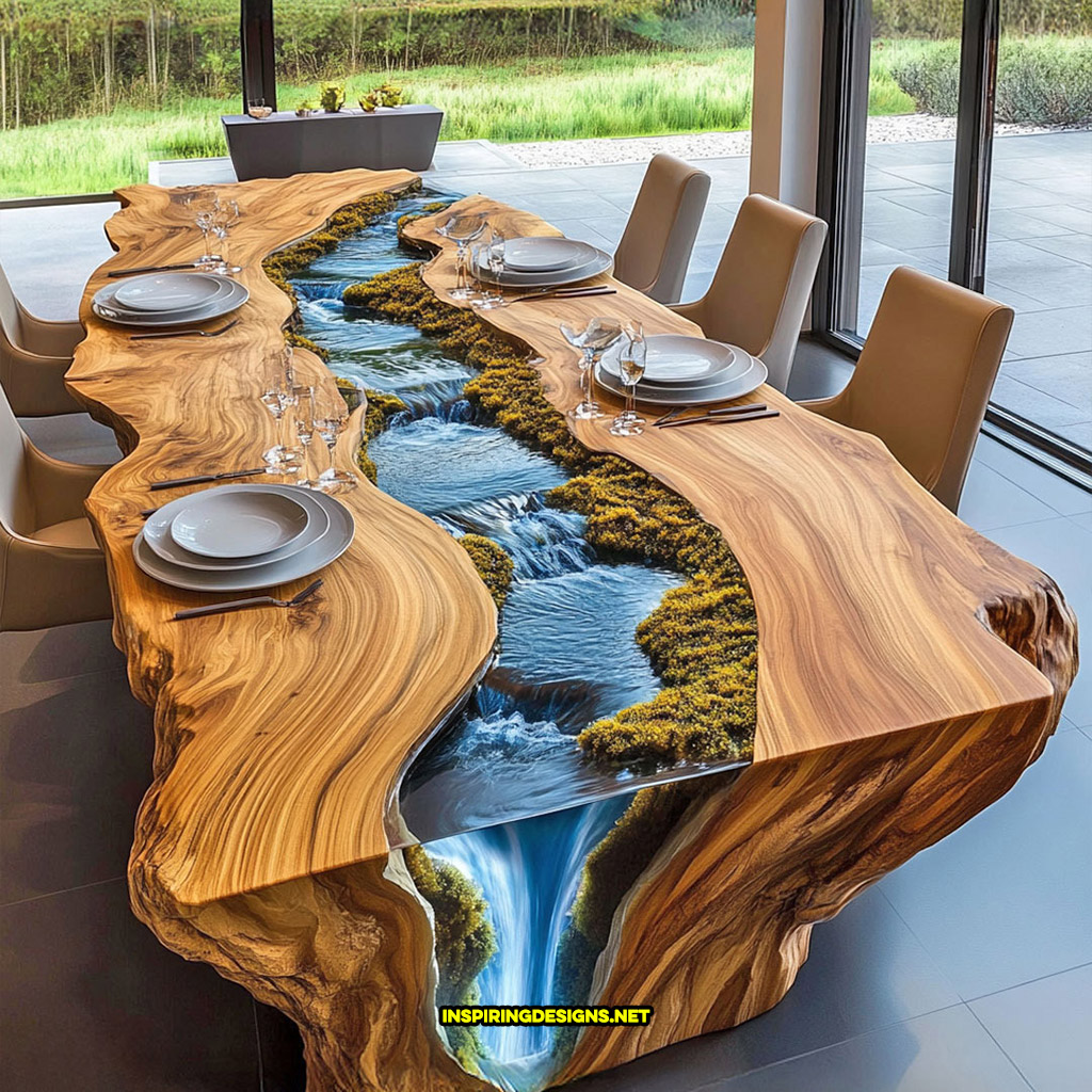 Live edge wood dinning table with flowing river