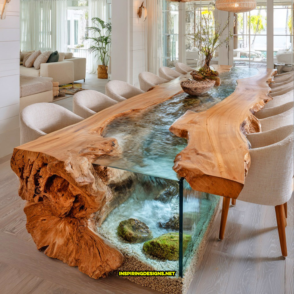 Live edge wood dinning table with flowing river