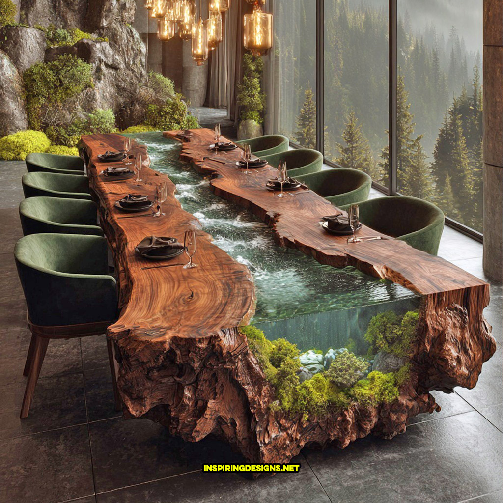 Live edge wood dinning table with flowing river
