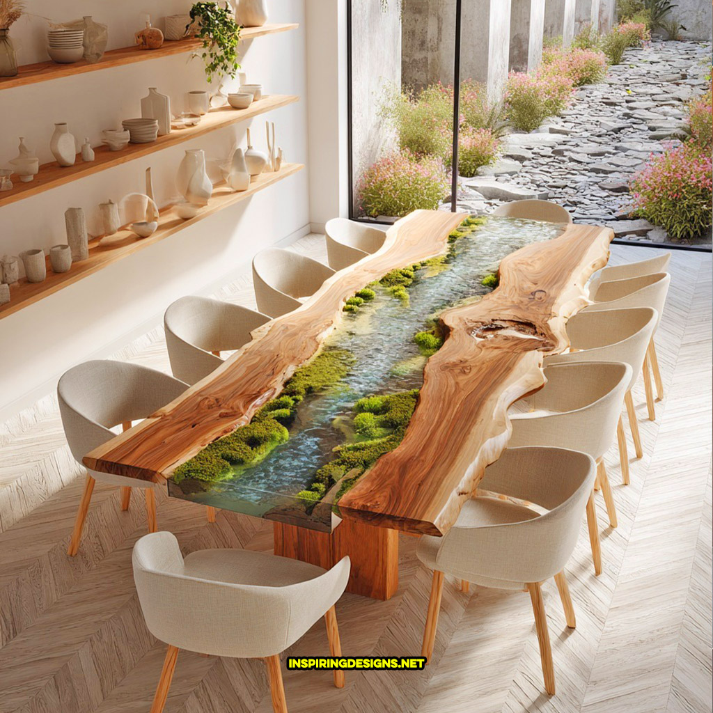 Live edge wood dinning table with flowing river