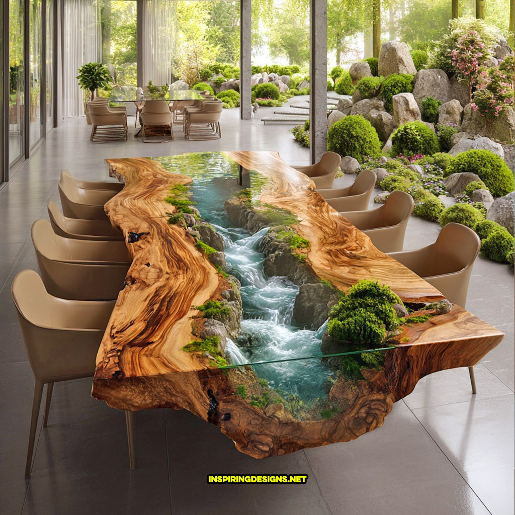 Live edge wood dinning table with flowing river