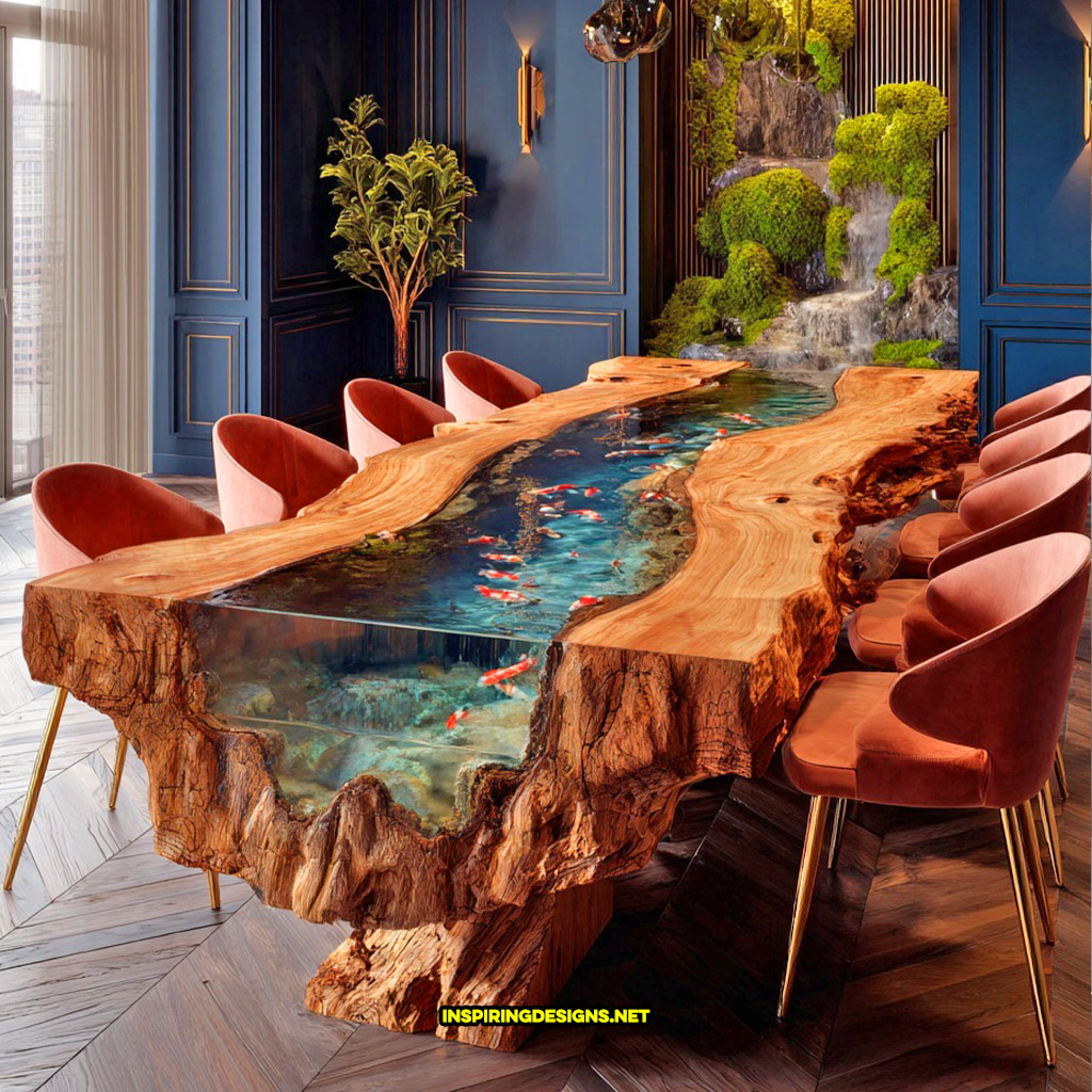 Live edge wood dinning table with flowing river
