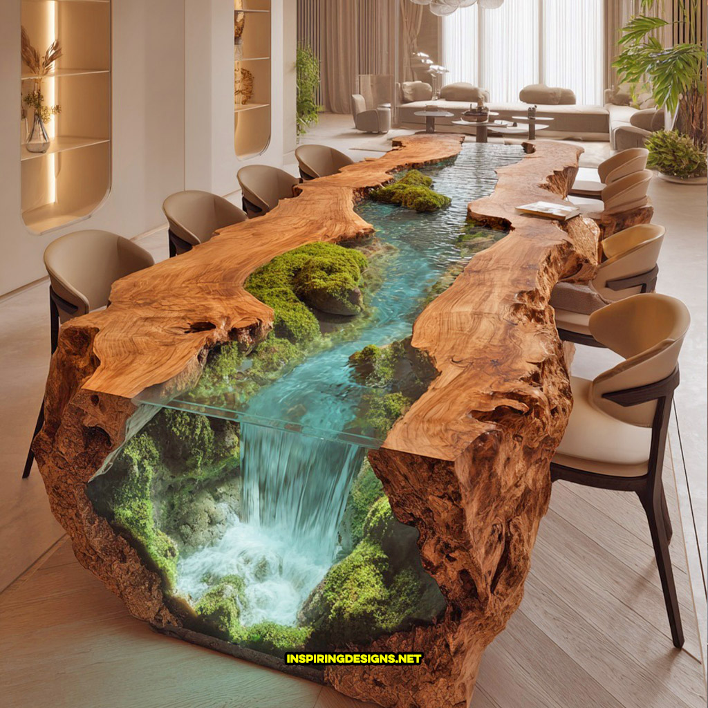 Live edge wood dinning table with flowing river