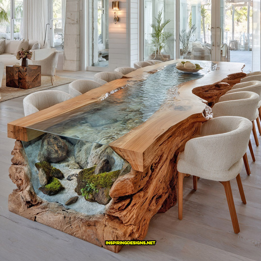 Live edge wood dinning table with flowing river
