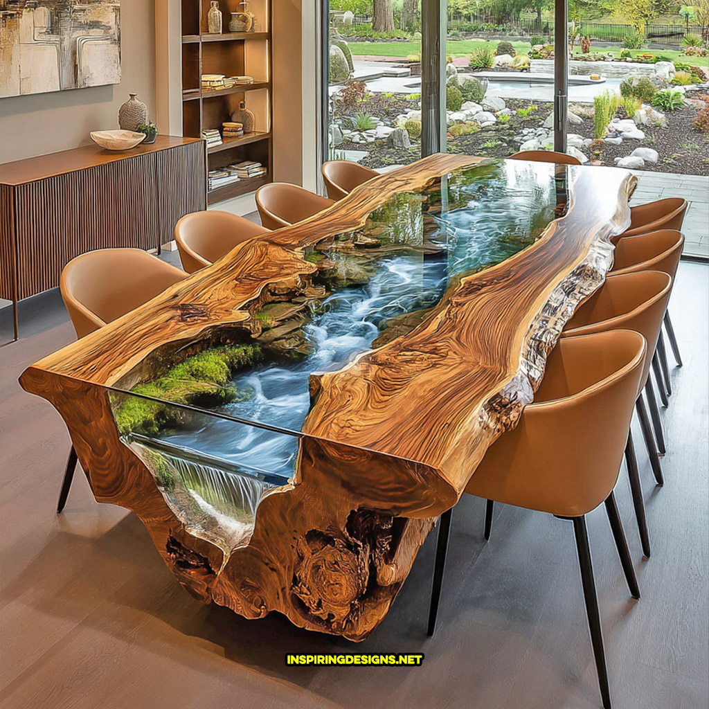 Live edge wood dinning table with flowing river