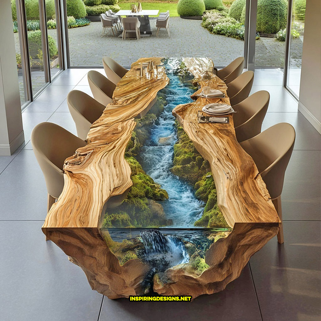 Live edge wood dinning table with flowing river