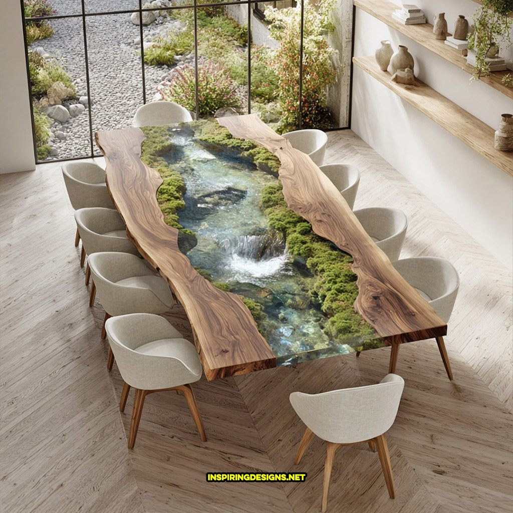 Live edge wood dinning table with flowing river