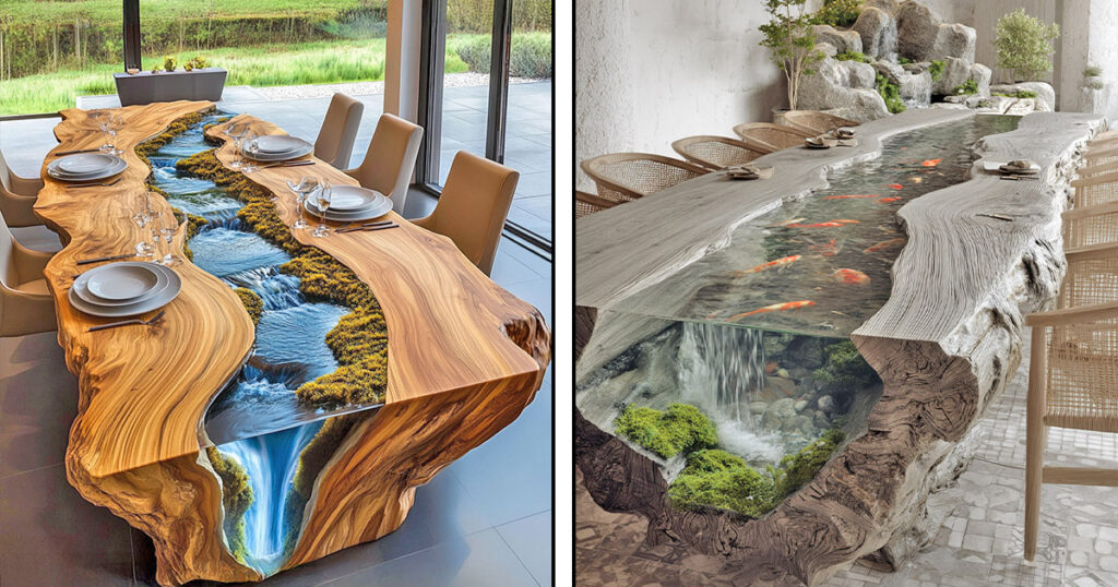 Live edge wooden dining tables with rivers