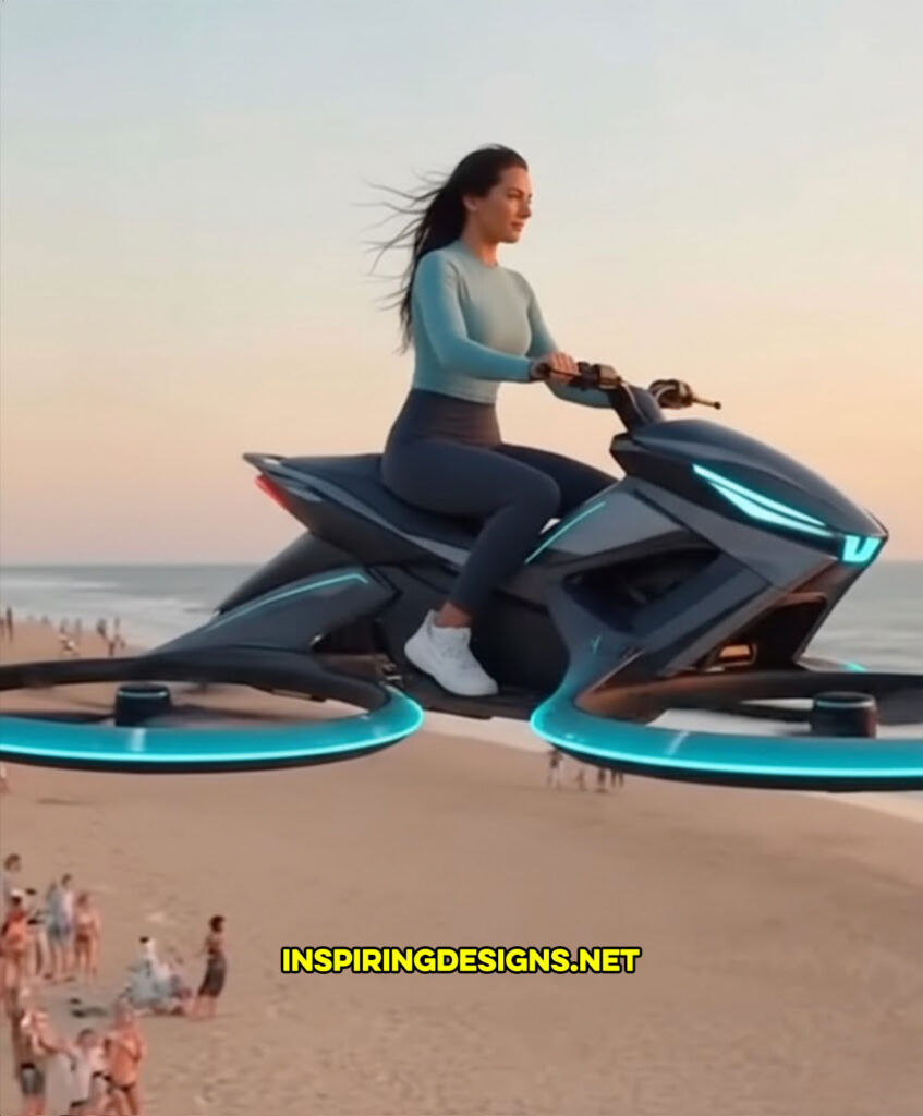 A scooter drone hovering over a beach