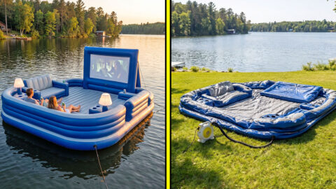 giant inflatable living room lake float with a projector screen